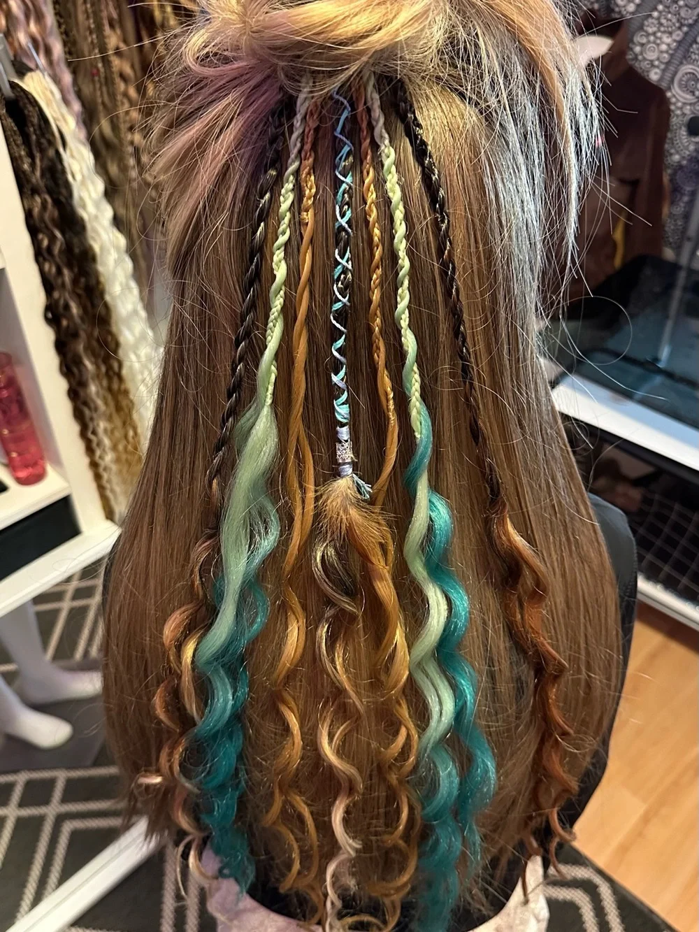 Mint & Gold Braided Hair Extensions with Black Accents - Women Hair Accessory